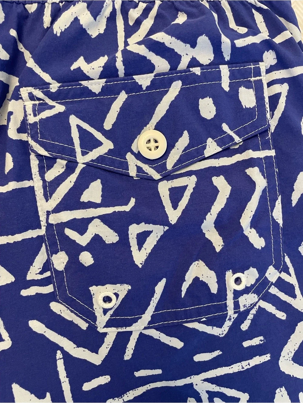 J. Crew Blue & White Geometric Swim Trunks with Orange Drawstring